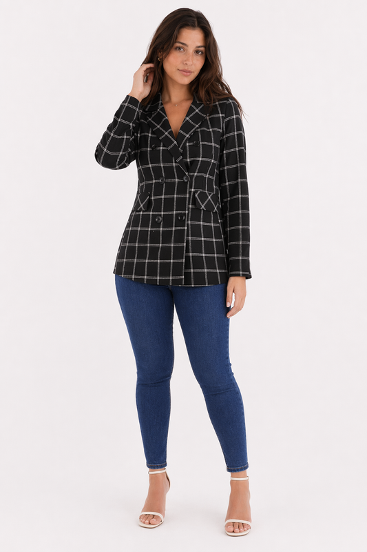 Black Checkered Double Breasted Blazer for Women Default