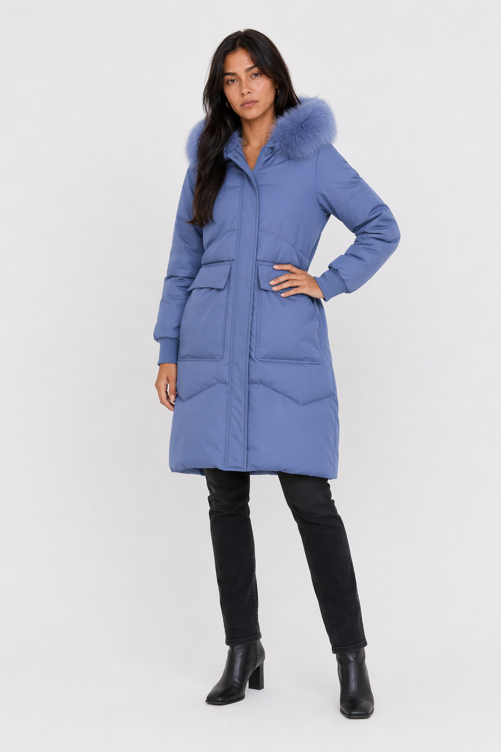 Furry Hooded Zip-Up Jacket for Women with Spacious Pockets and Mid-Length Cut Blue
