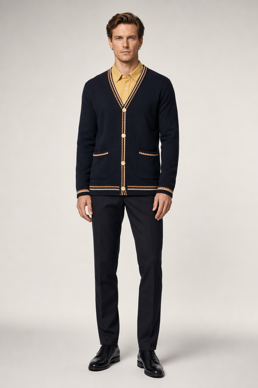 Men's Cardigan with Front Pockets - V Neck Design Navy