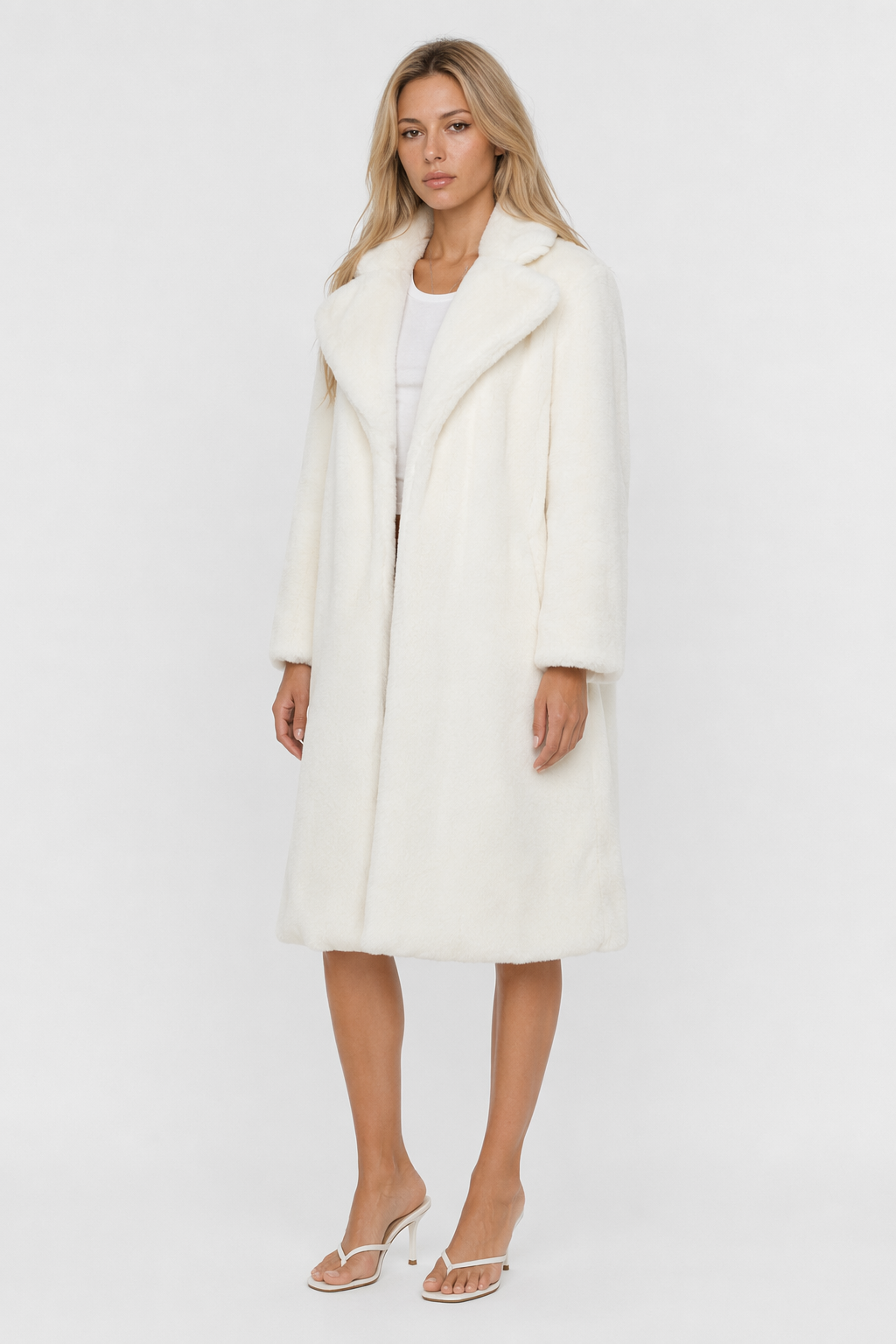 Faux Fur Women's Jacket featuring Lapel Collar White