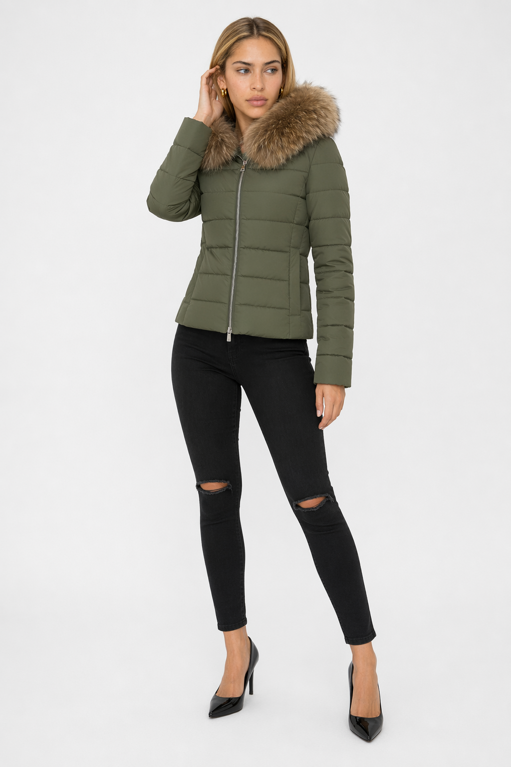 Army Green Slim Fit Hooded Zip Up Winter Short Coat for Women Default