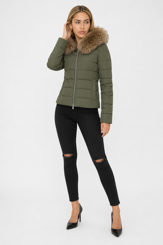 Army Green Slim Fit Hooded Zip Up Winter Short Coat for Women Default
