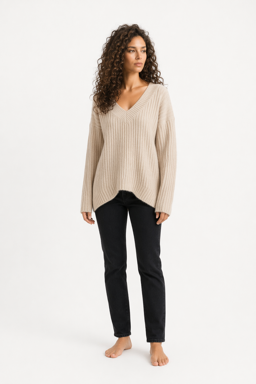 Ribbed Knit Sweater for Women with a V-Neck Design Beige