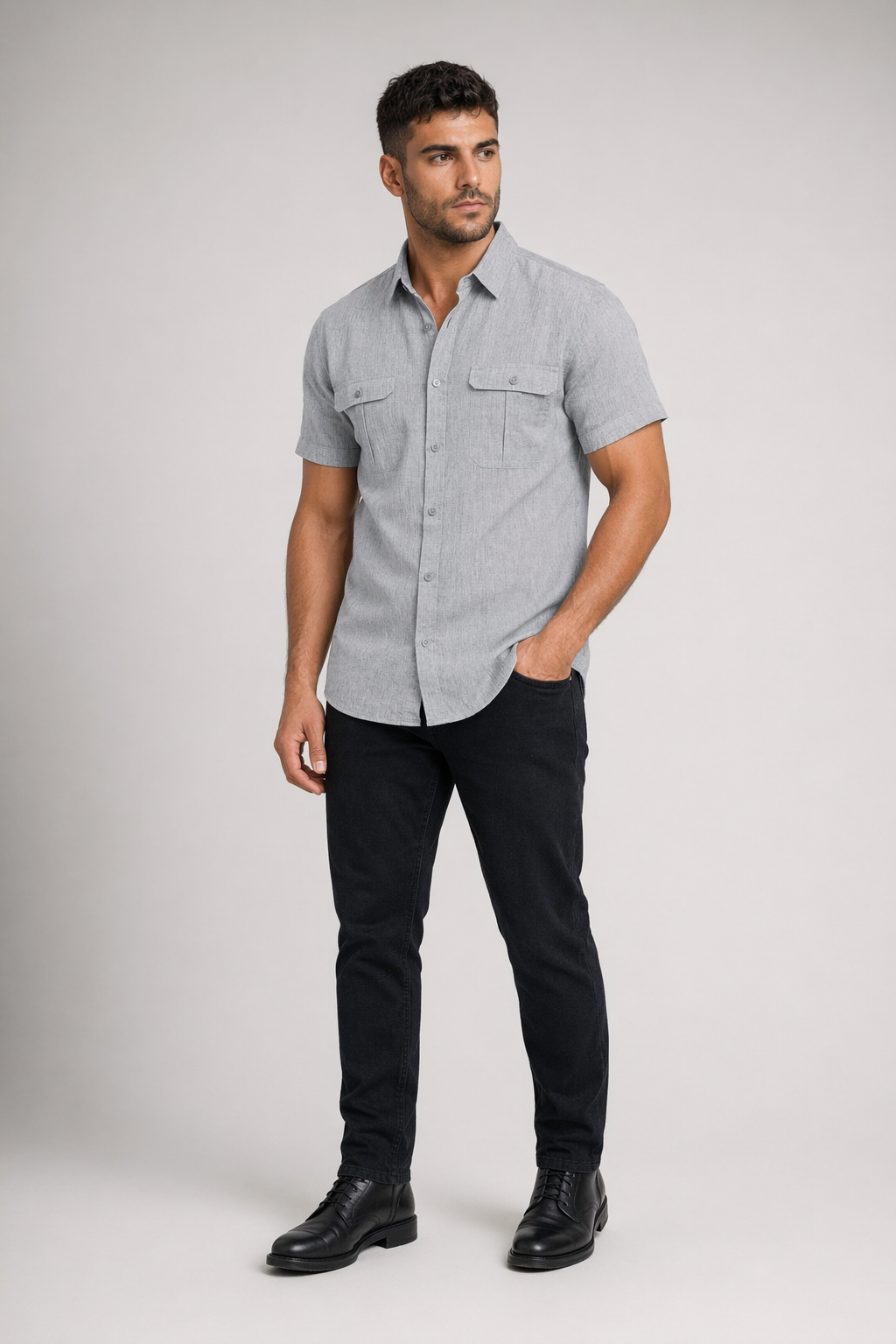 Linen Short-Sleeve Summer Shirt for Men GRAY
