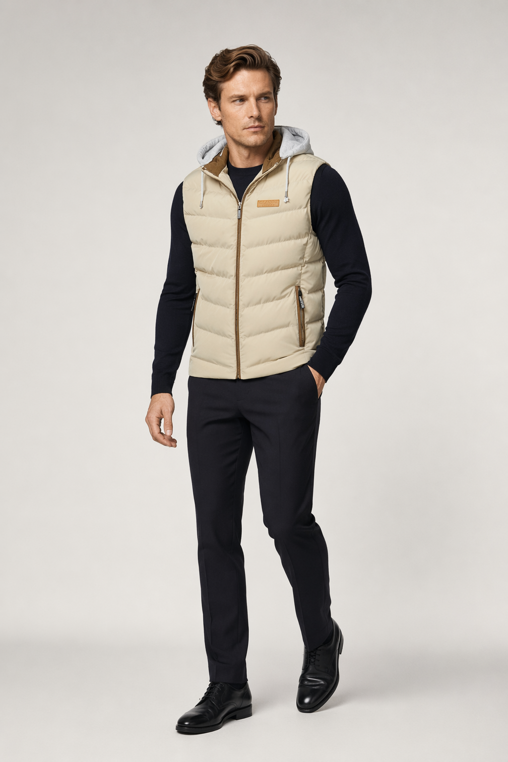 Winter Puffer Vest for Men in Khaki with Detachable Hood Default