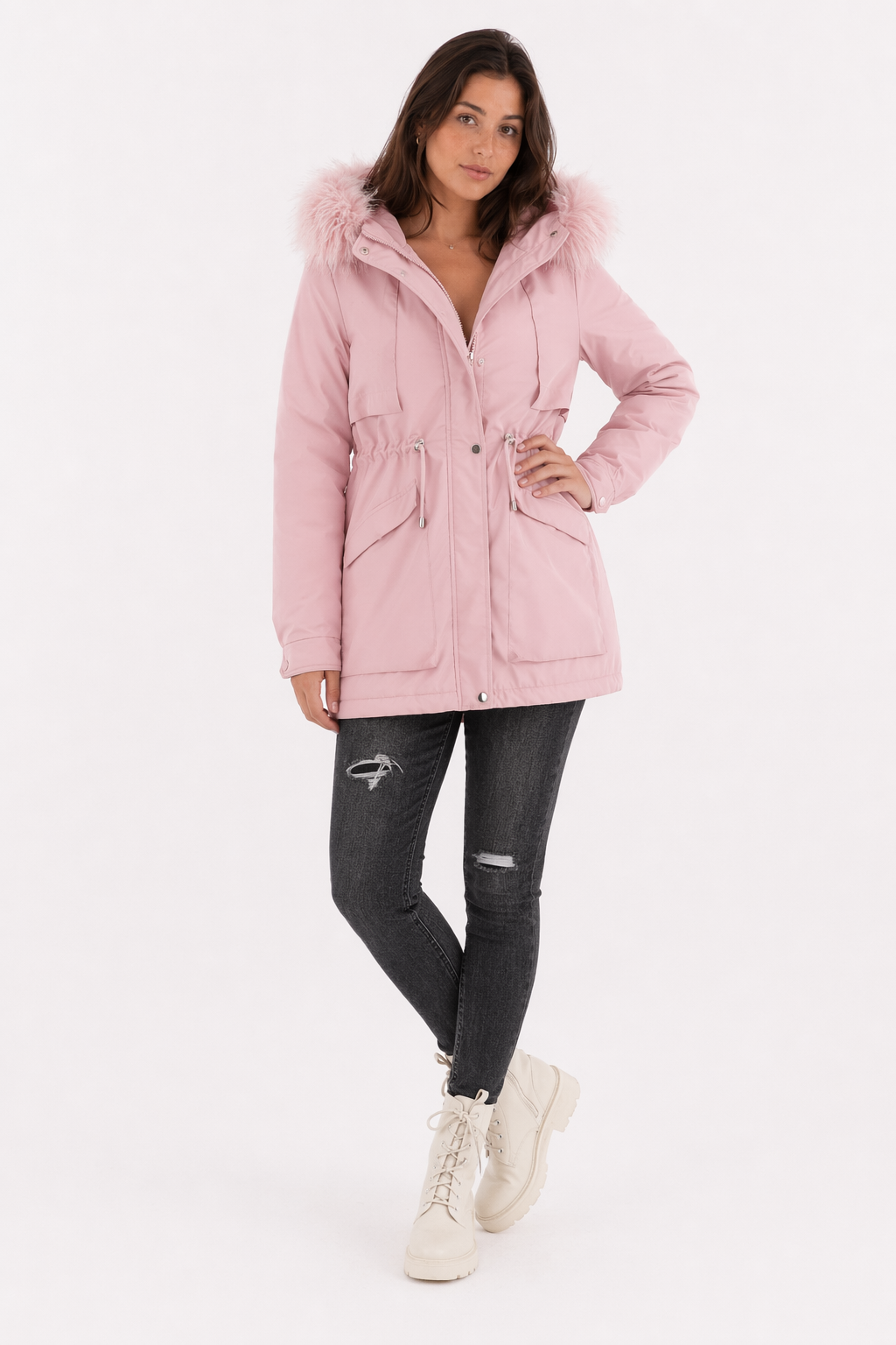 Faux Fur Hooded Women's Jacket with Adjustable Waist Tie Pink