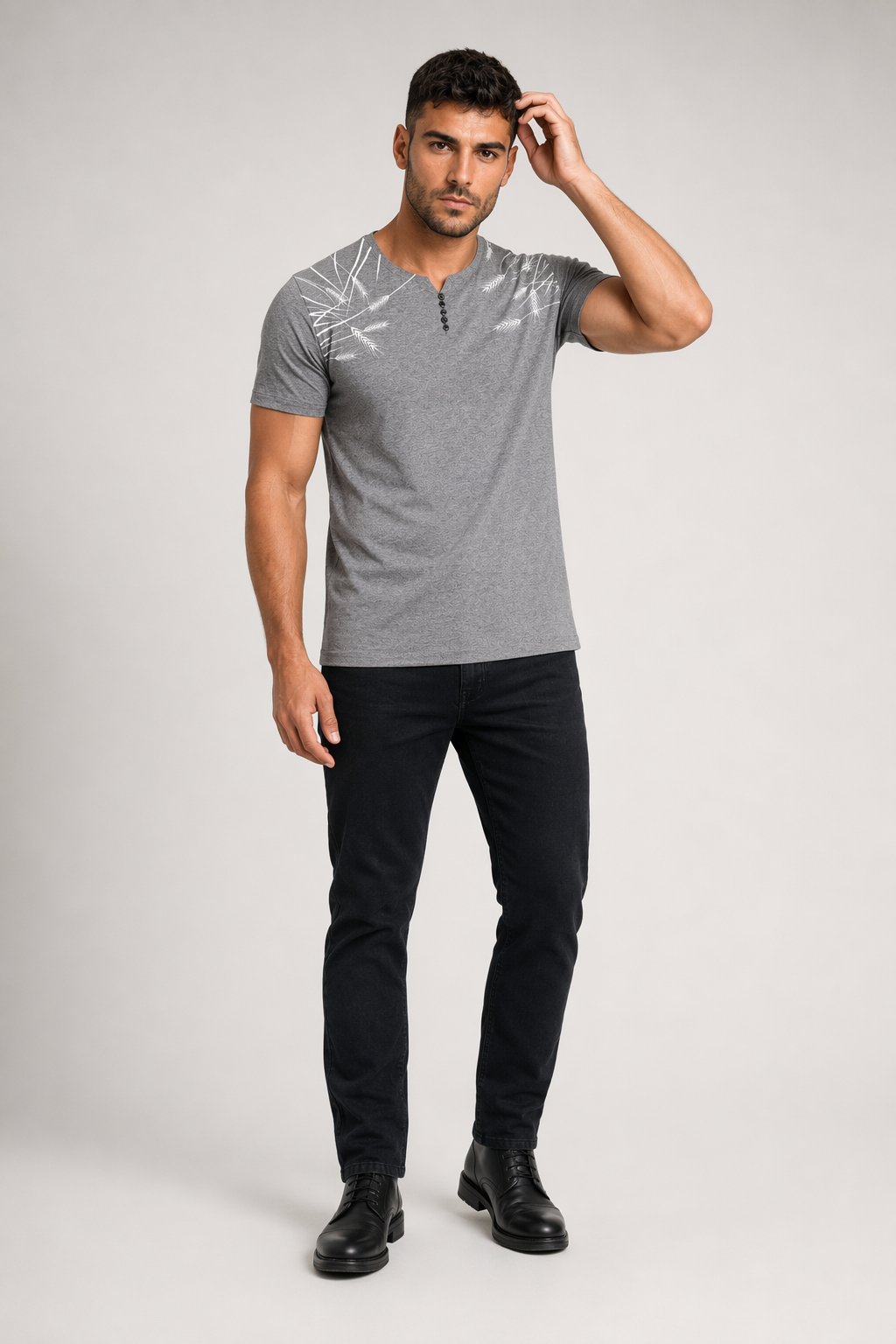 Feather Print Men's Short Sleeve Buttoned T-Shirt Gray