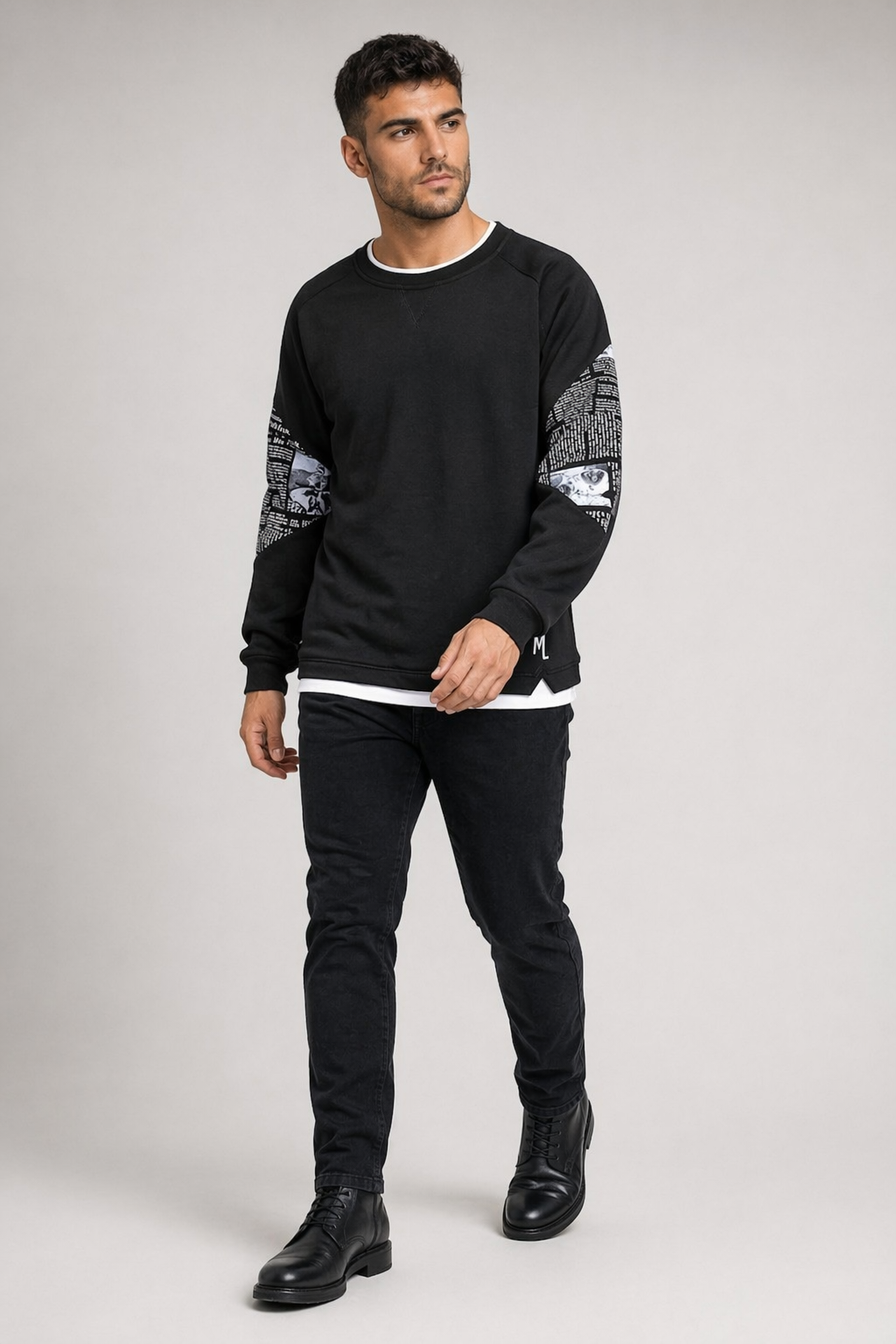 Layered Look Men's Sweatshirt with Elbow Prints Black