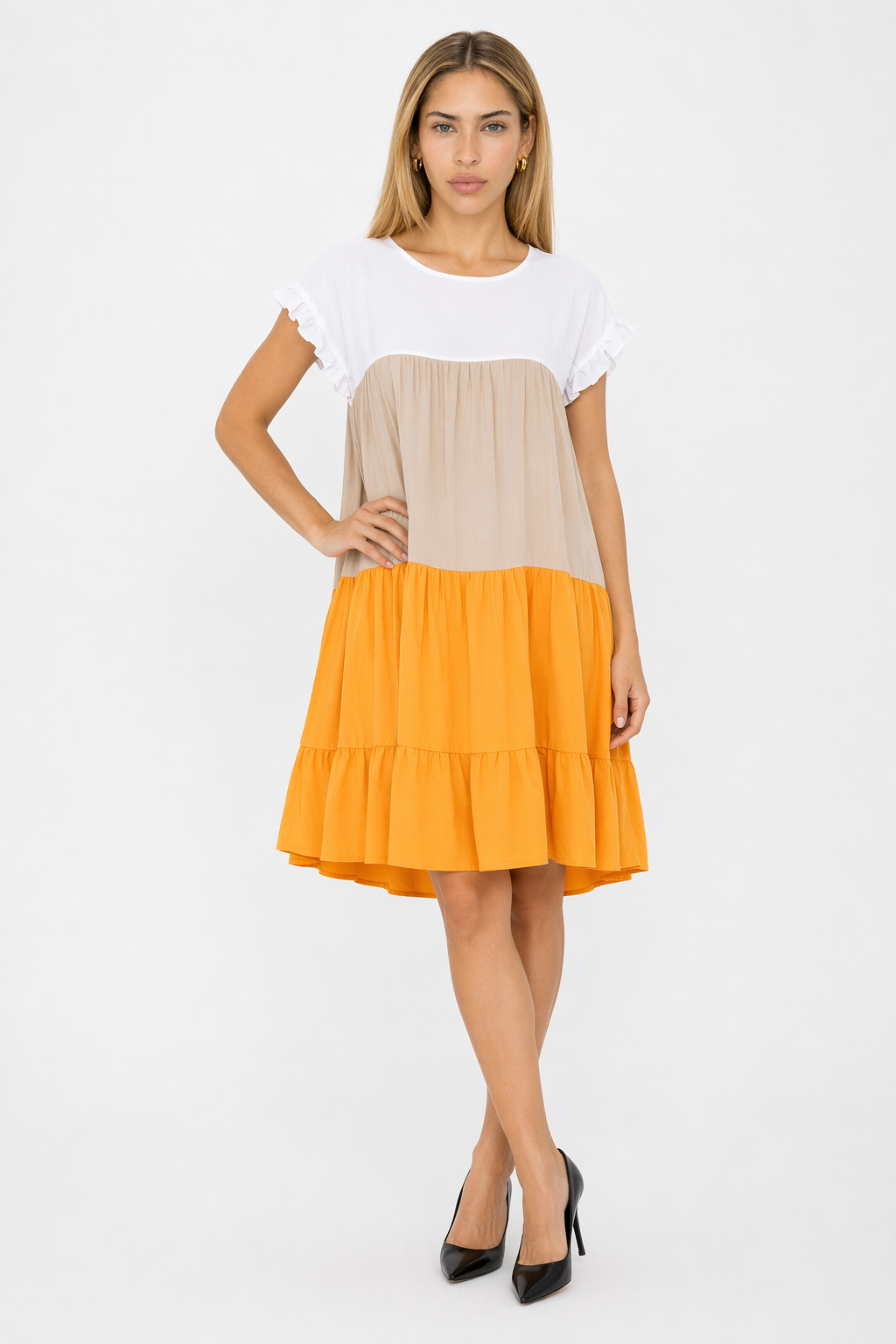 Colorful Ruffled Sleeve Summer Dress for Women Yellow