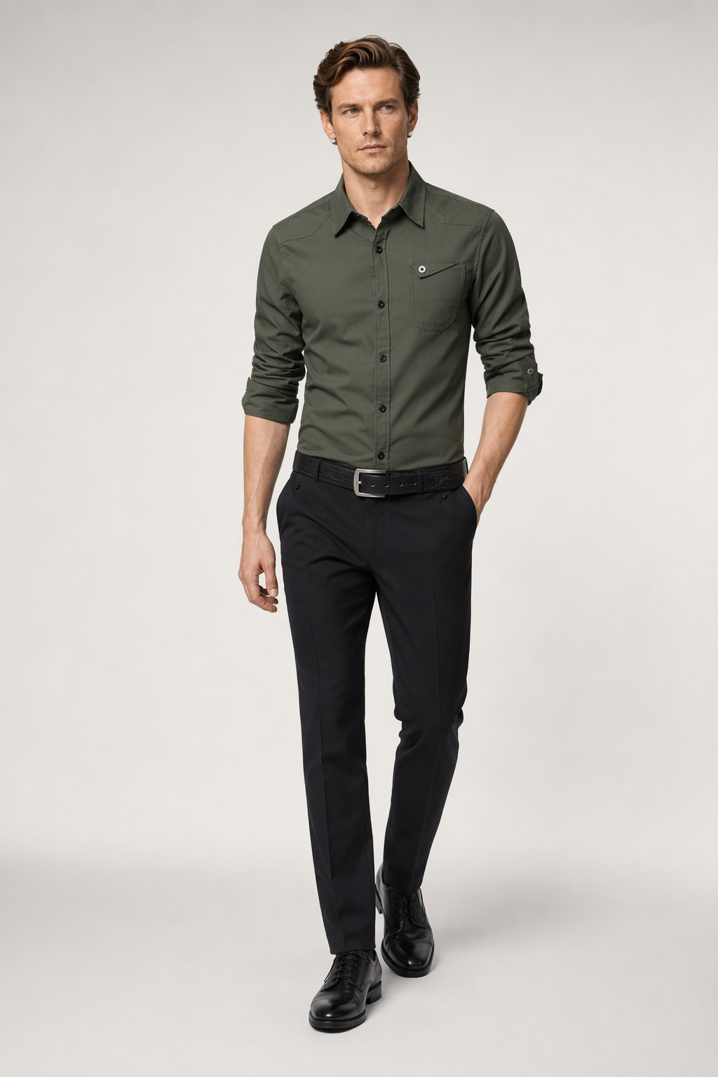 Classic White Long Sleeve Shirt with Flip Pocket and Button Front for Men Army Green