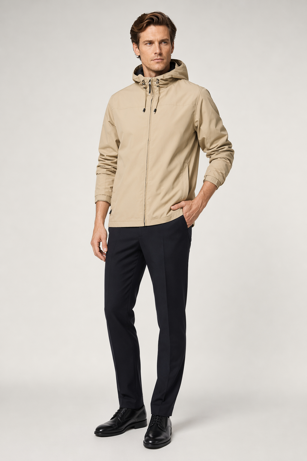 Windproof Hooded Jacket for Men with Elevated Collar Khaki