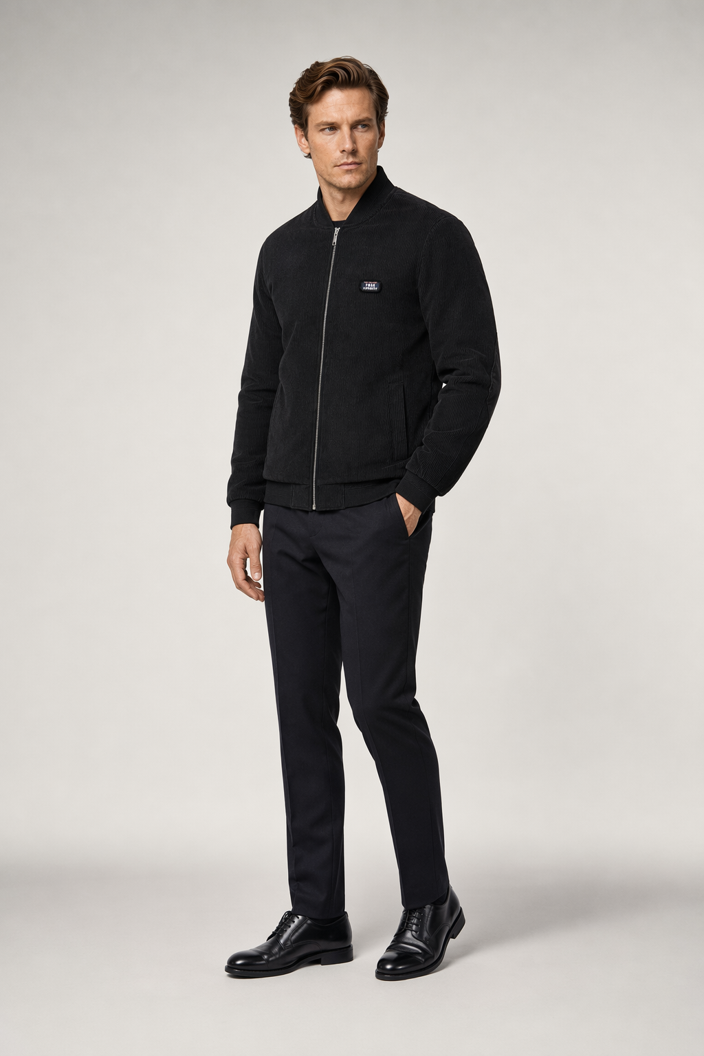 Winter Jacket with Elbow Patches and Zippered Collar for Men Black