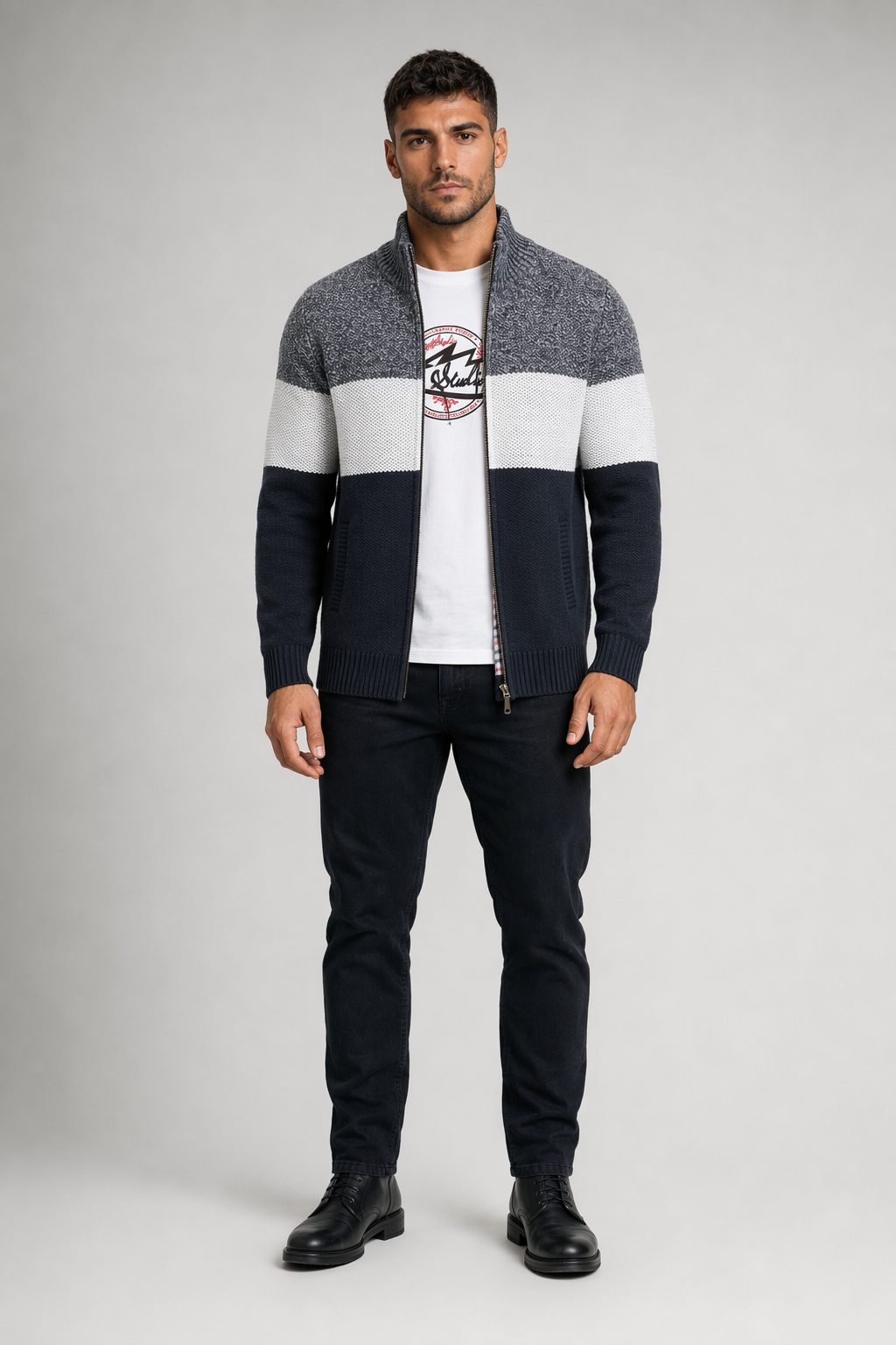 Zip-Up Sweater Jacket for Men's Casual Wear Dark Gray