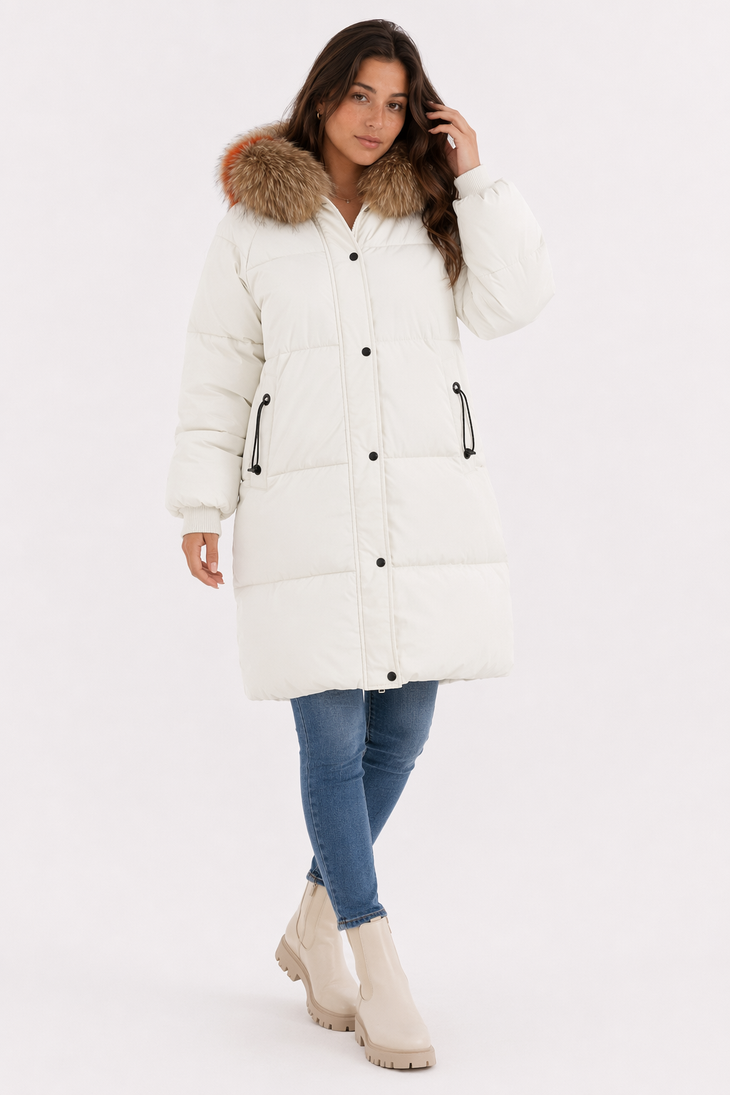 Oversize Faux Fur Hooded Jacket for Women Off White