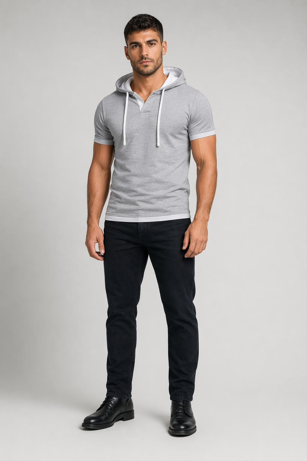 Short Sleeve Hooded Tee for Men Light Gray