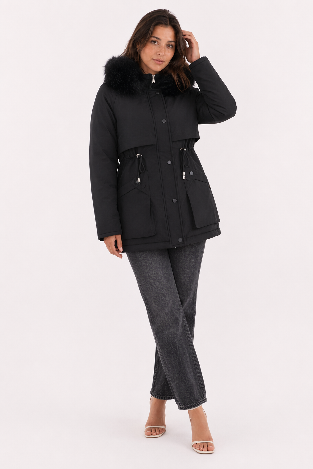 Faux Fur Hooded Women's Jacket with Adjustable Waist Tie Black