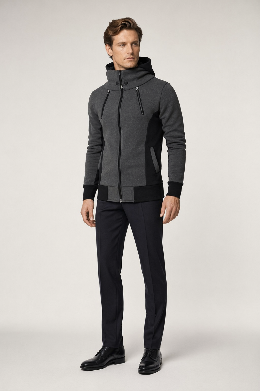 High Collar Men's Hoodie with Contrasting Cuffs Dark Gray