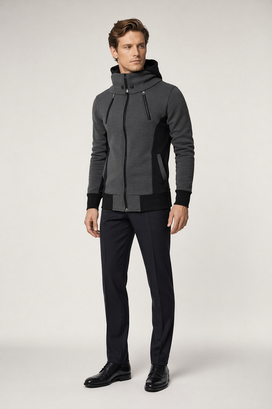 High Collar Men's Hoodie with Contrasting Cuffs Dark Gray