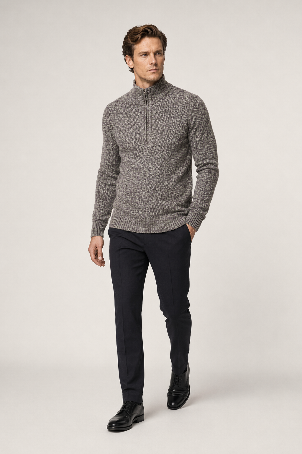 Zippered High Collar Men's Sweater Khaki