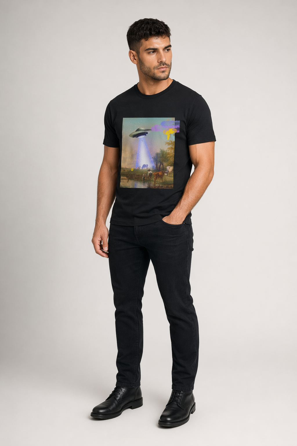 Jersey Short Sleeve Tee featuring Cow being Abducted by UFO Default