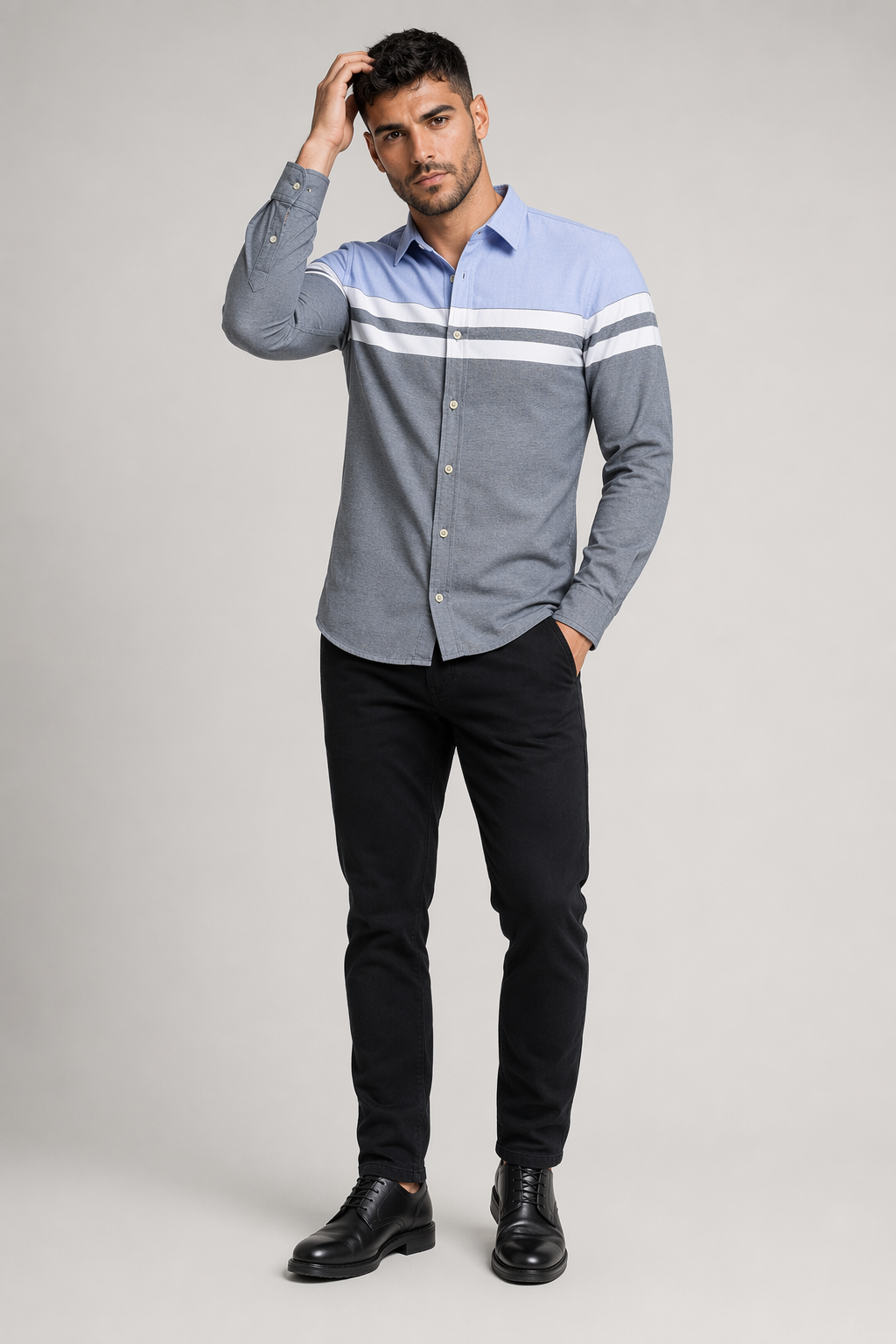 Color-Blocked Men's Button-Up Shirt: A Revised Title Gray