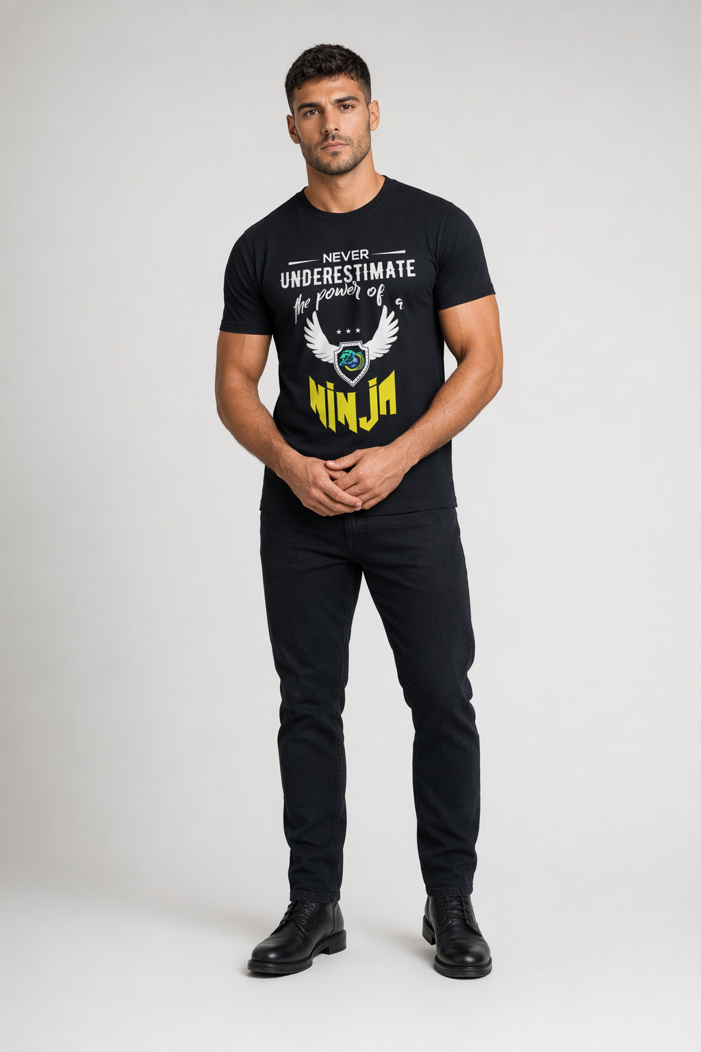 Short Sleeve T-Shirt with Yellow Ninja Emblem Black