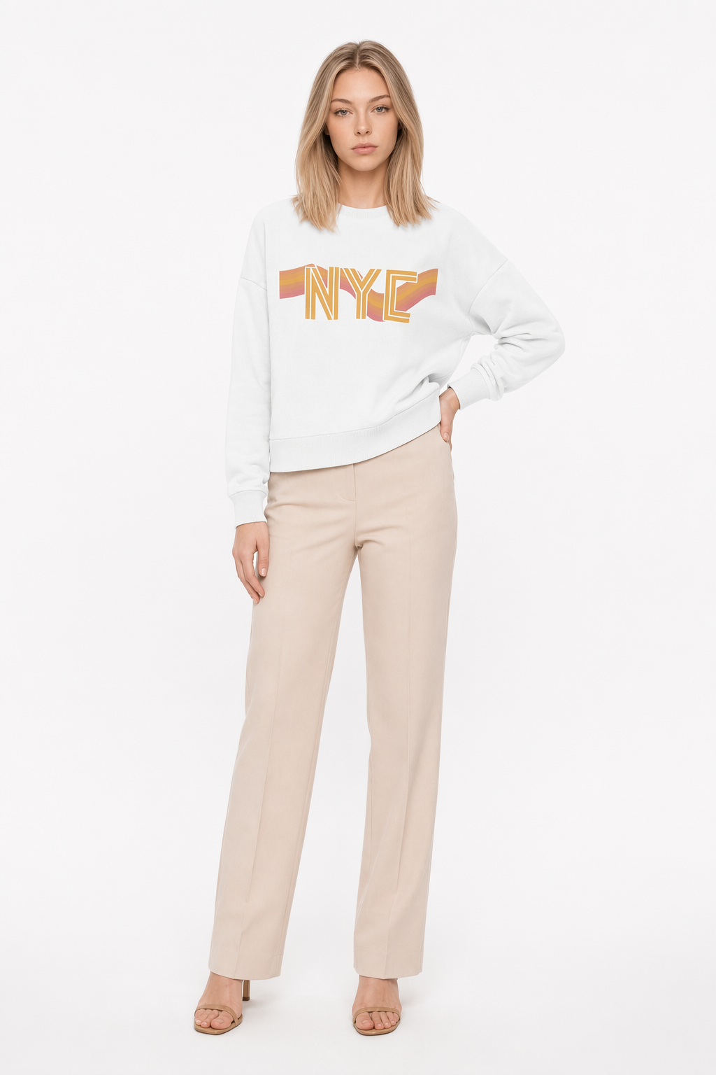 Retro 70's Crewneck Sweatshirt for Women in New York City Style White