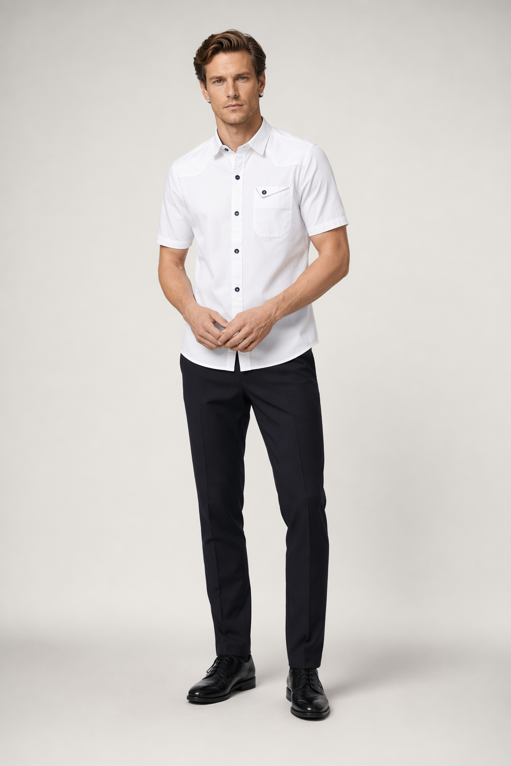 Short Sleeve Shirt with Flip Pockets for Men White