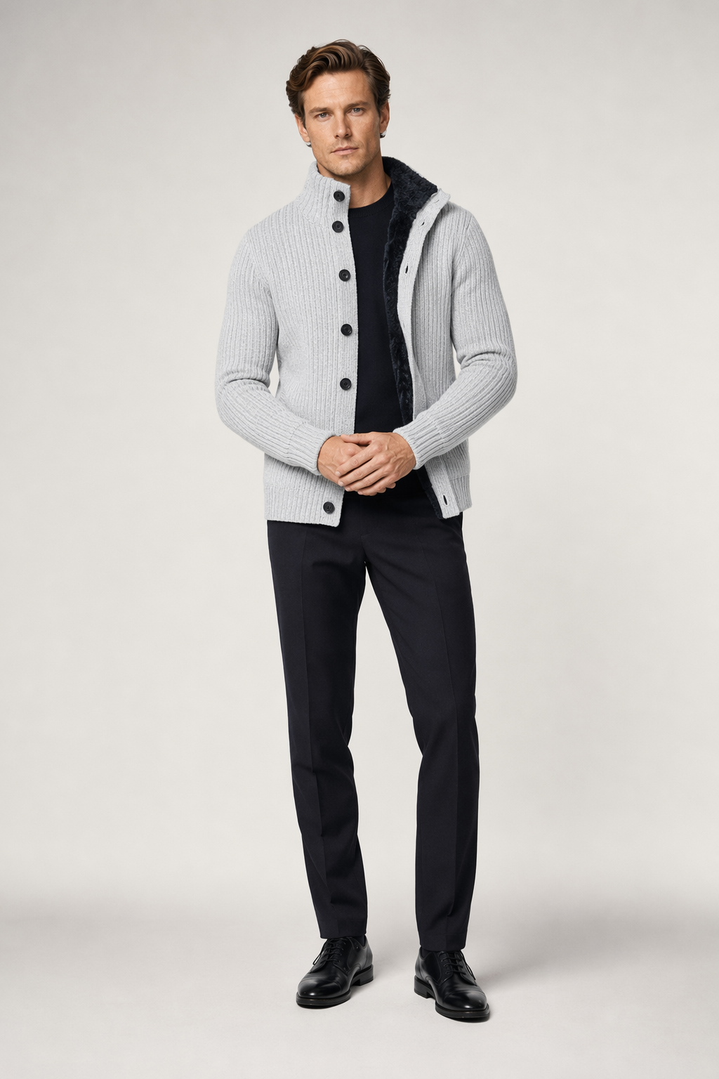Ultra Cozy Men's Faux Fur Inner Cardigan for Cold Winter Days Light Gray