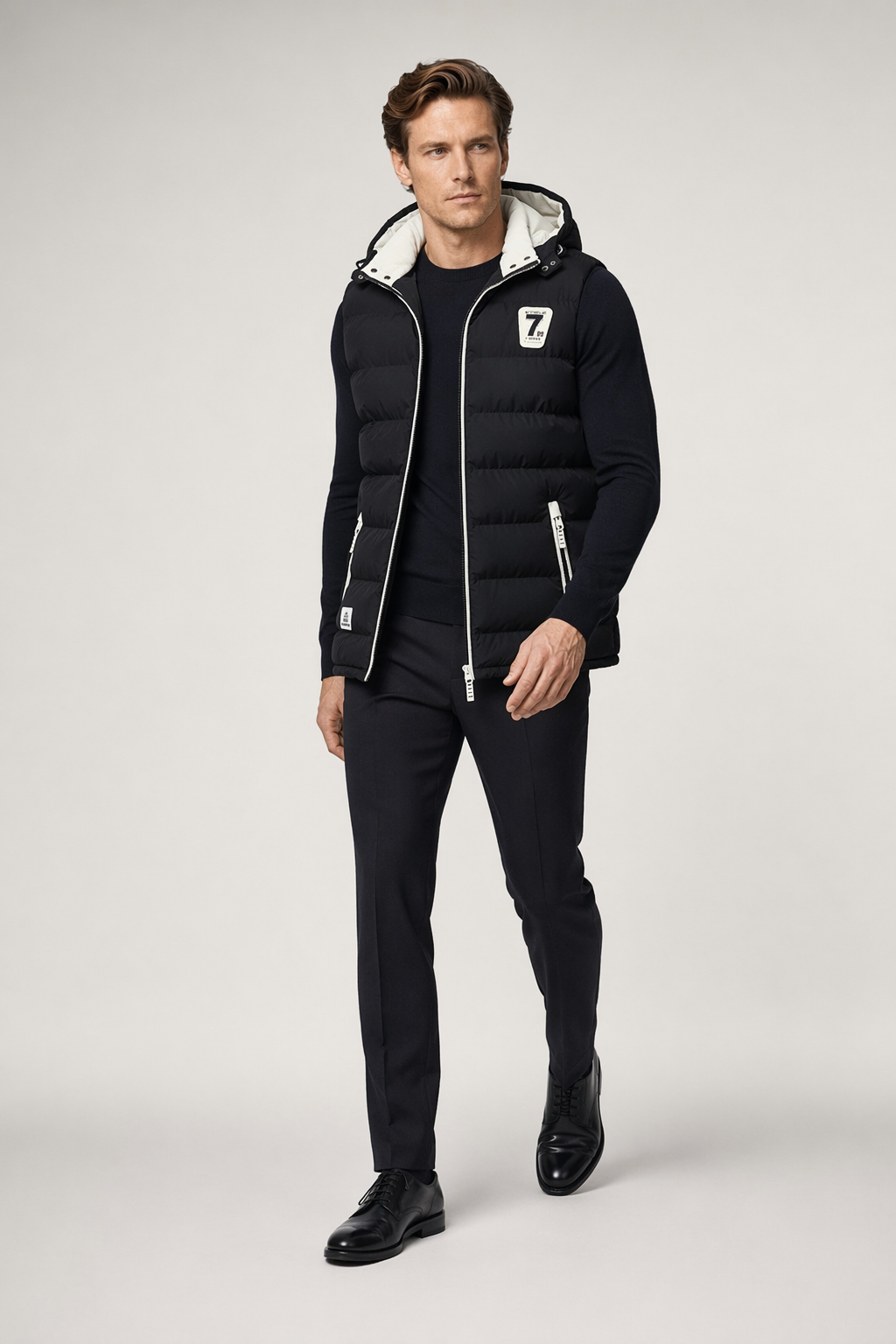 Two Tone Black Winter Puffy Vest with Hood for Men Default