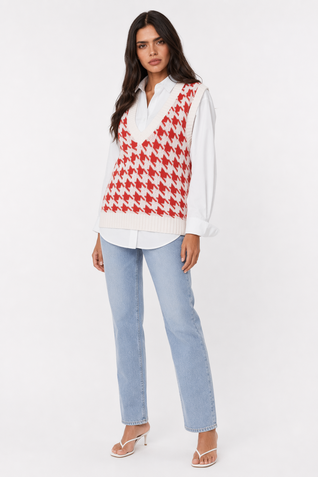 Argyle V-Neck Sweater Vest for Women Red
