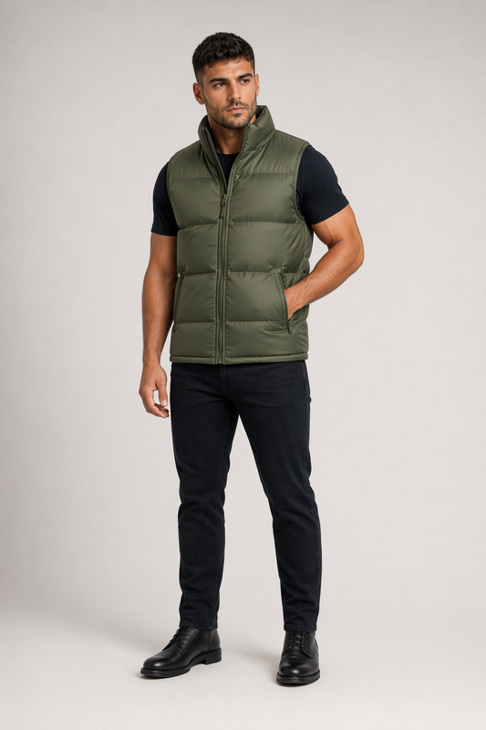 Khaki Winter Puffer Vest with Zipper for Men Default