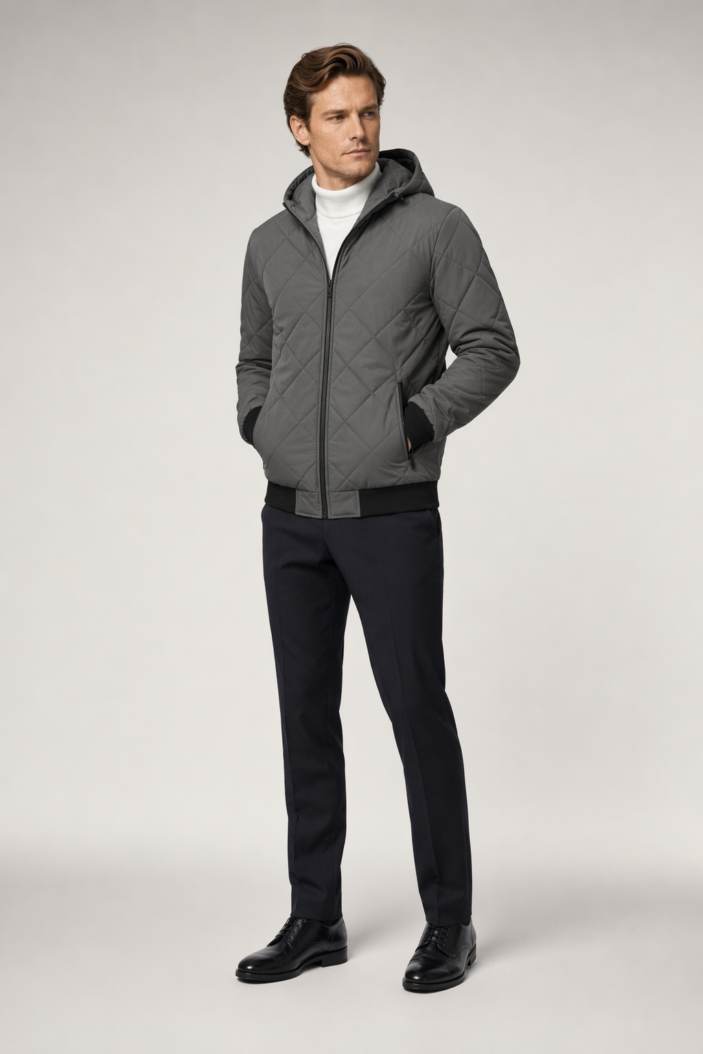 Quilted Hooded Jacket for Men with Zipper Closure Gray