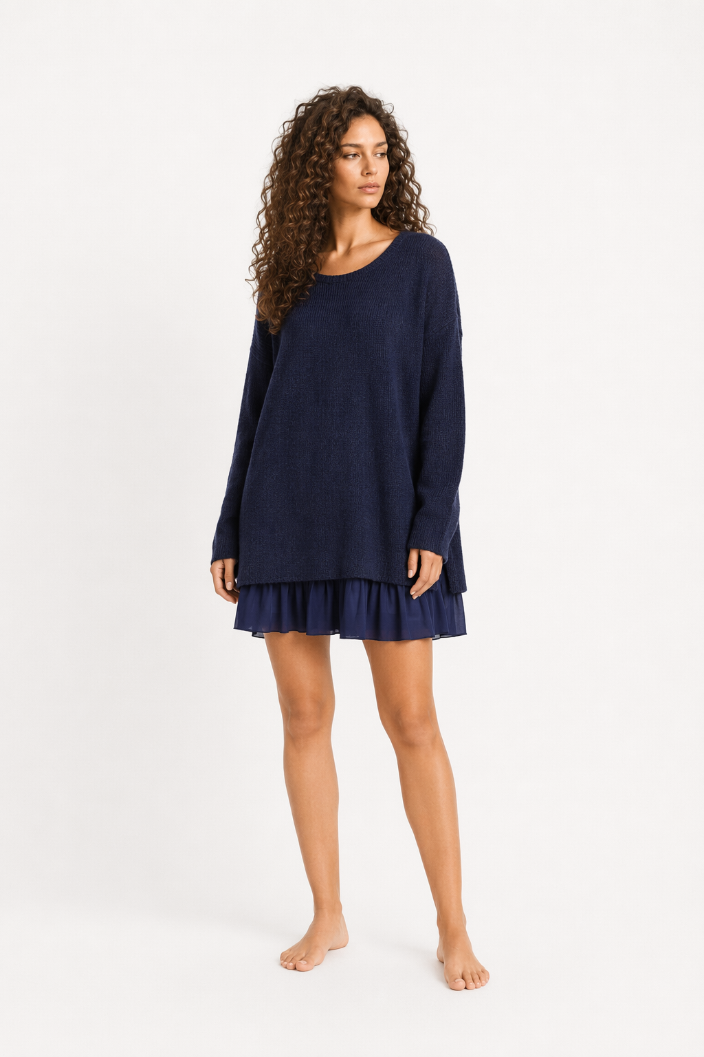 Navy Blue Layered Sweater Tunic Dress with Ruffle Detail for Women Default