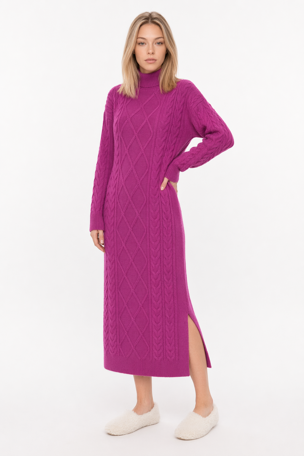 Long Cable Knit Dress for Women Purple