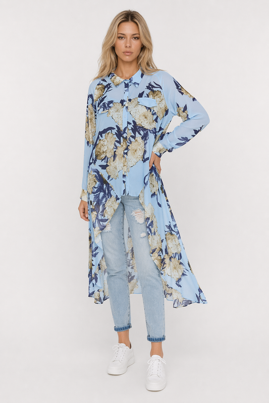 Long Printed Chiffon Blouse for Women with Asymmetric Hem Default