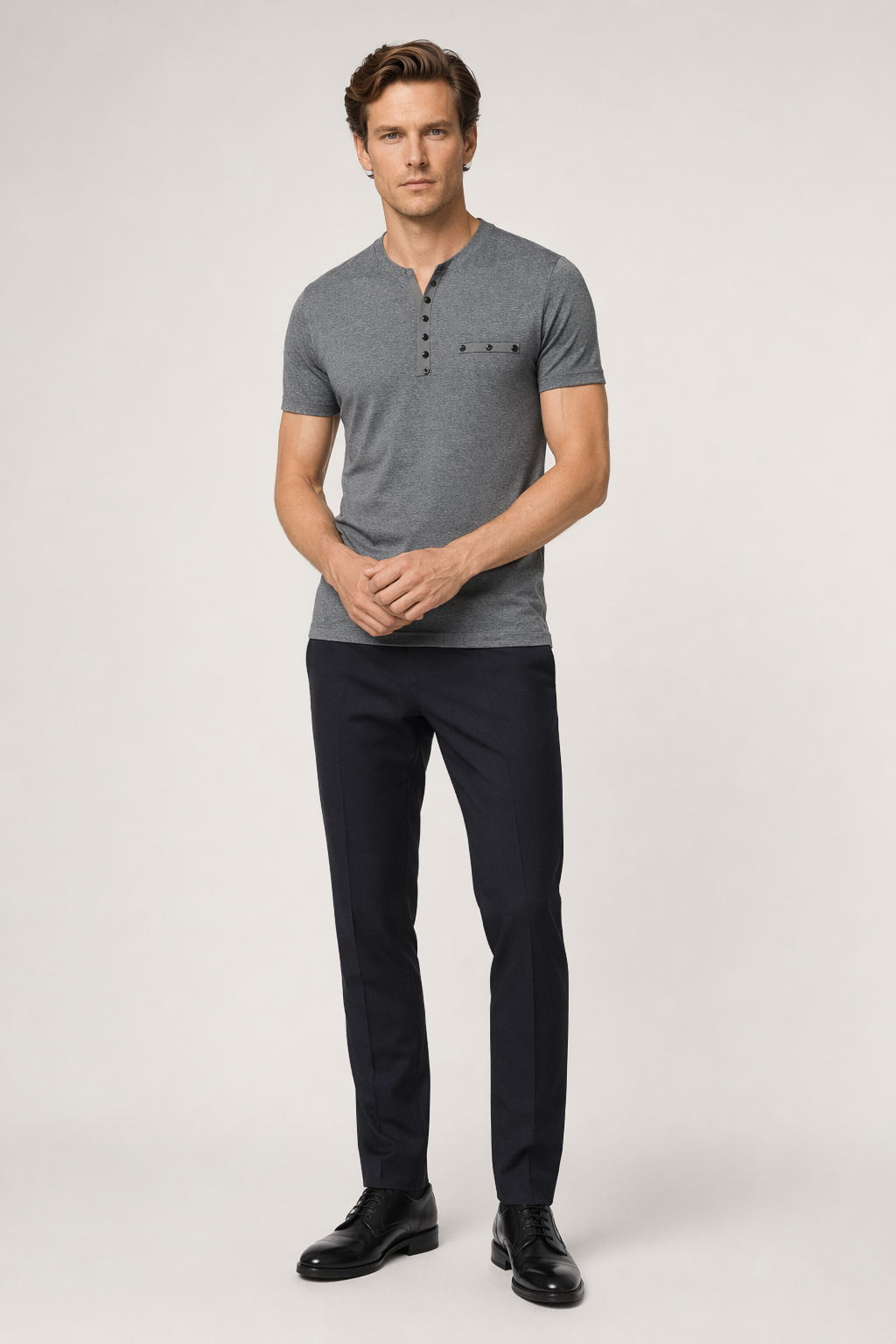 Slim Fit Men's T-Shirt with Button Embellishments for a Casual Look Gray