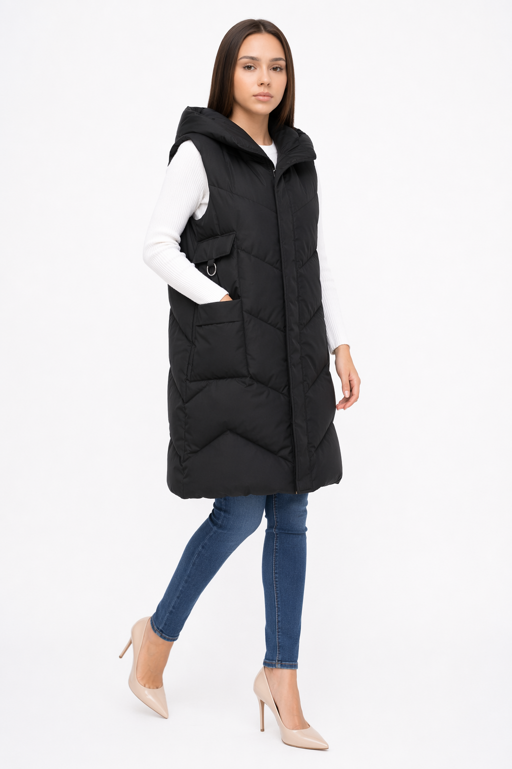 Long Quilted Women's Vest with Hood Black