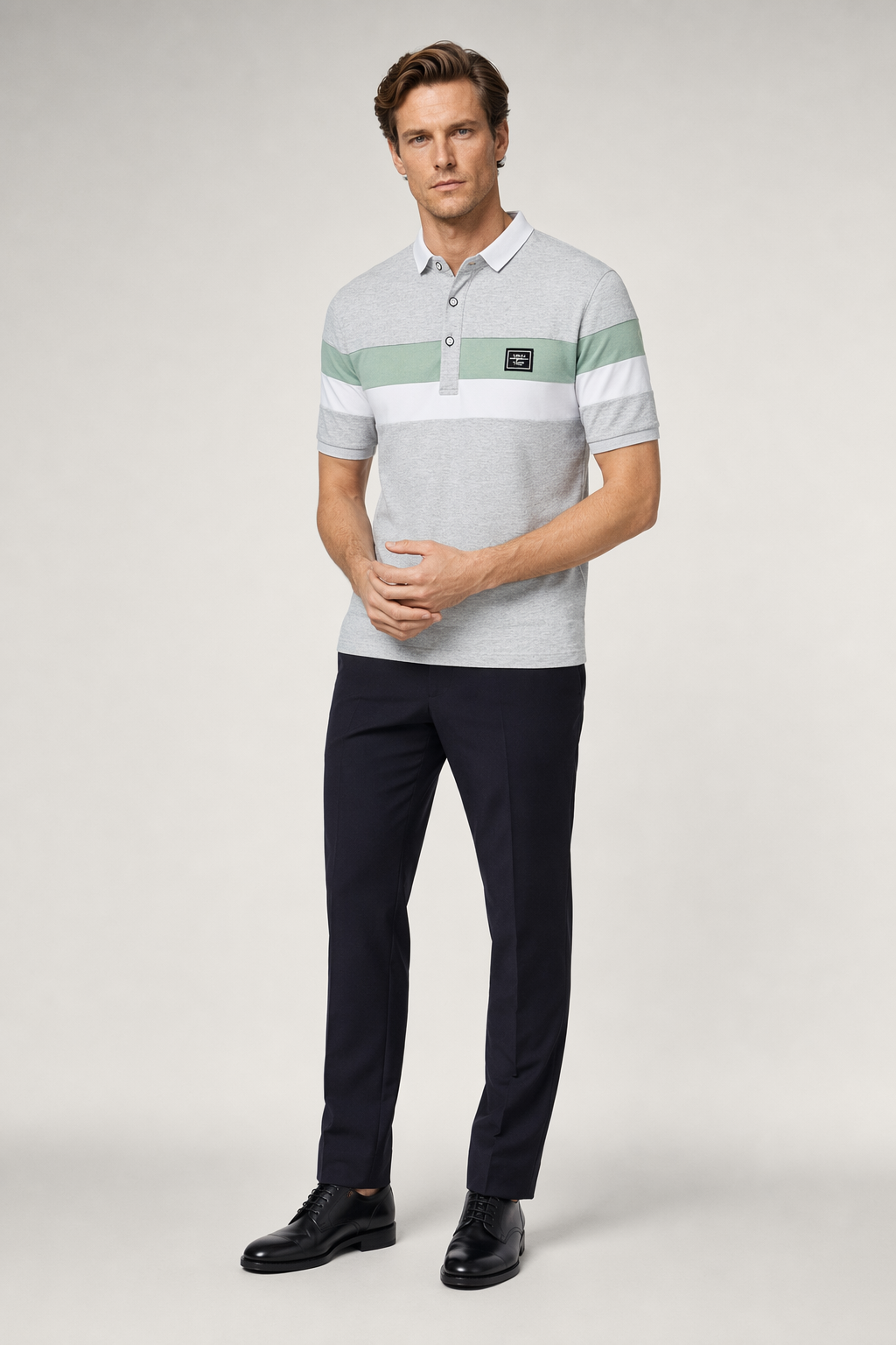 Slim Fit Wide Striped Polo Shirt for Men with Solid Back Panel Gray