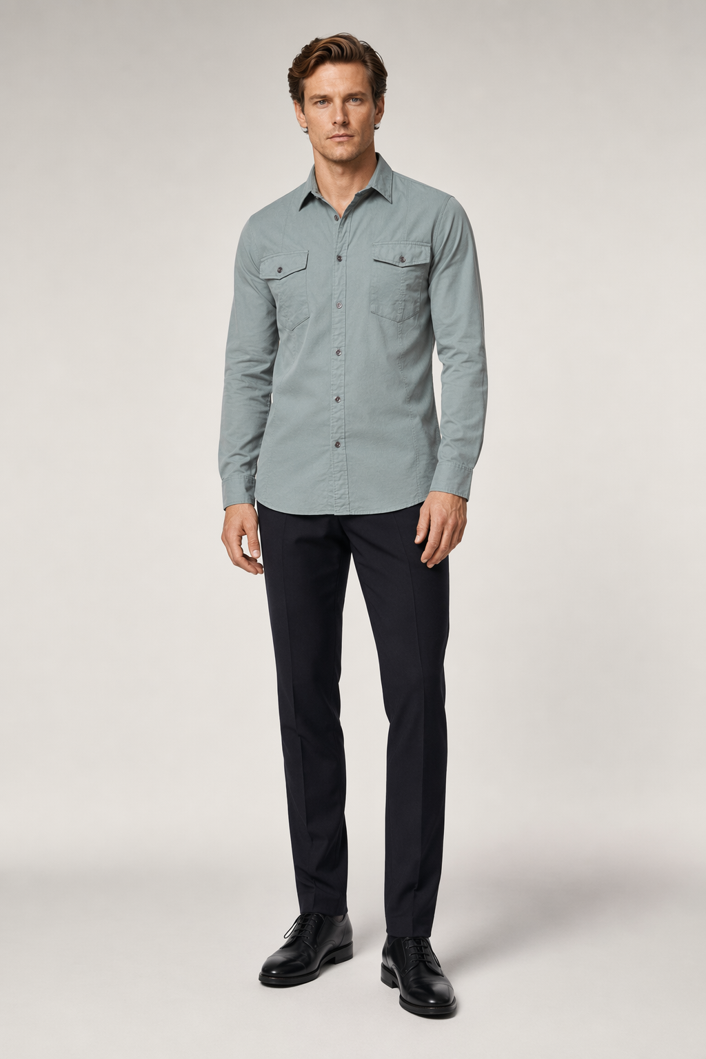 Long Sleeve Military Shirt with Dual Pockets for Men Green