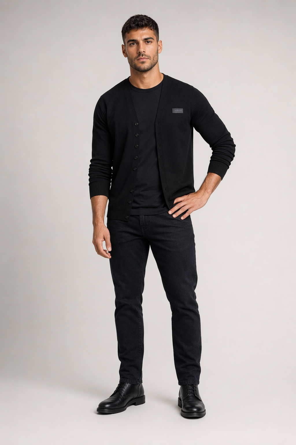 Button-Front Slim Fit Cardigan for Men Black