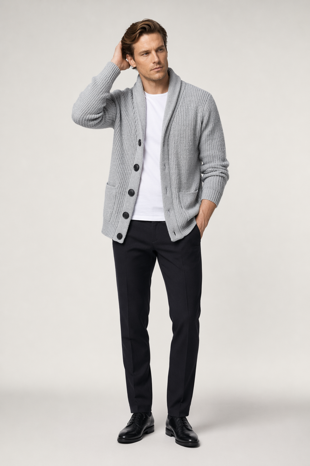 Chunky Knit Cardigan for Men with Shawl Neckline Light Gray