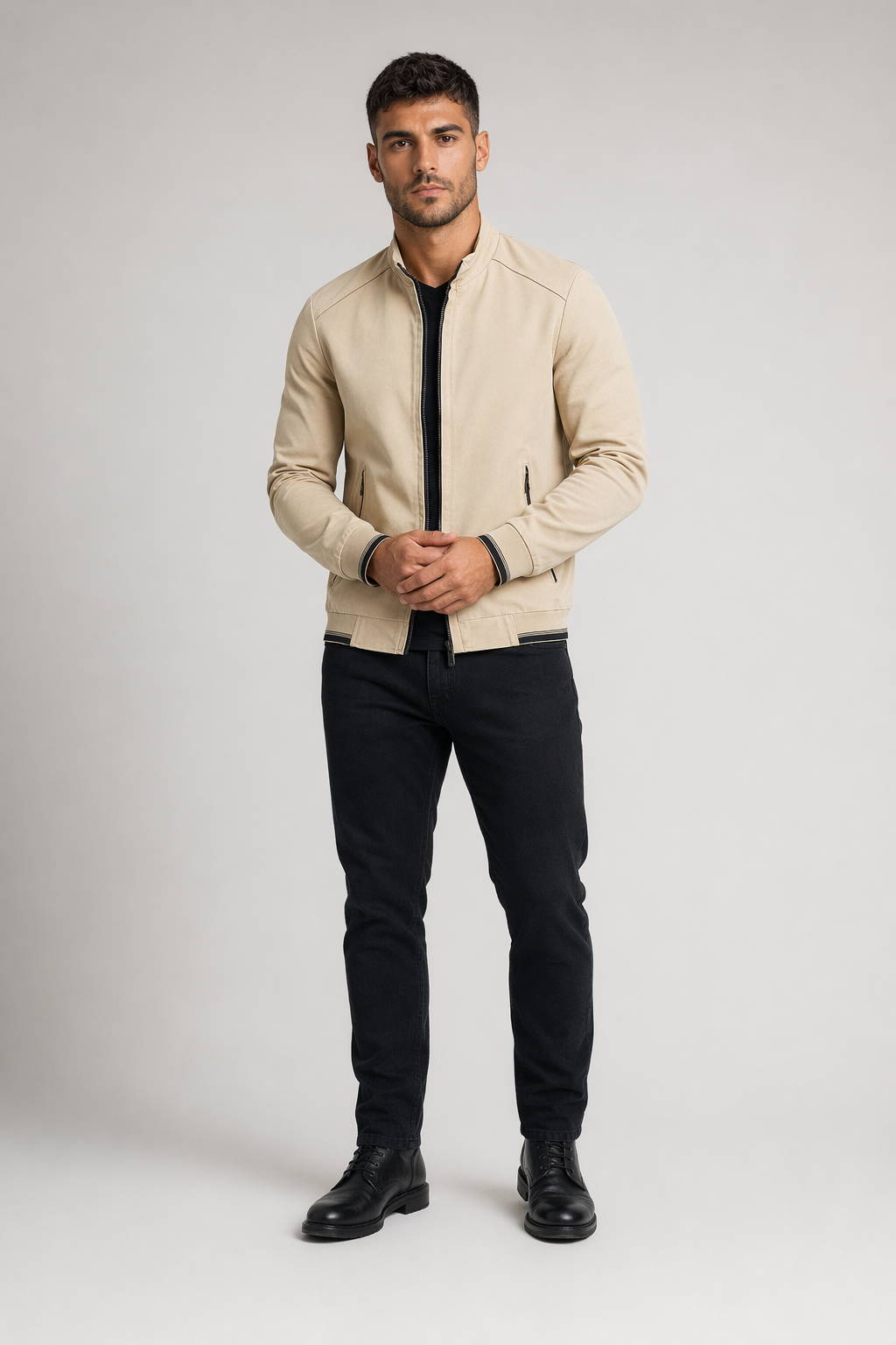 Short Casual Men's Zippered Jacket Beige
