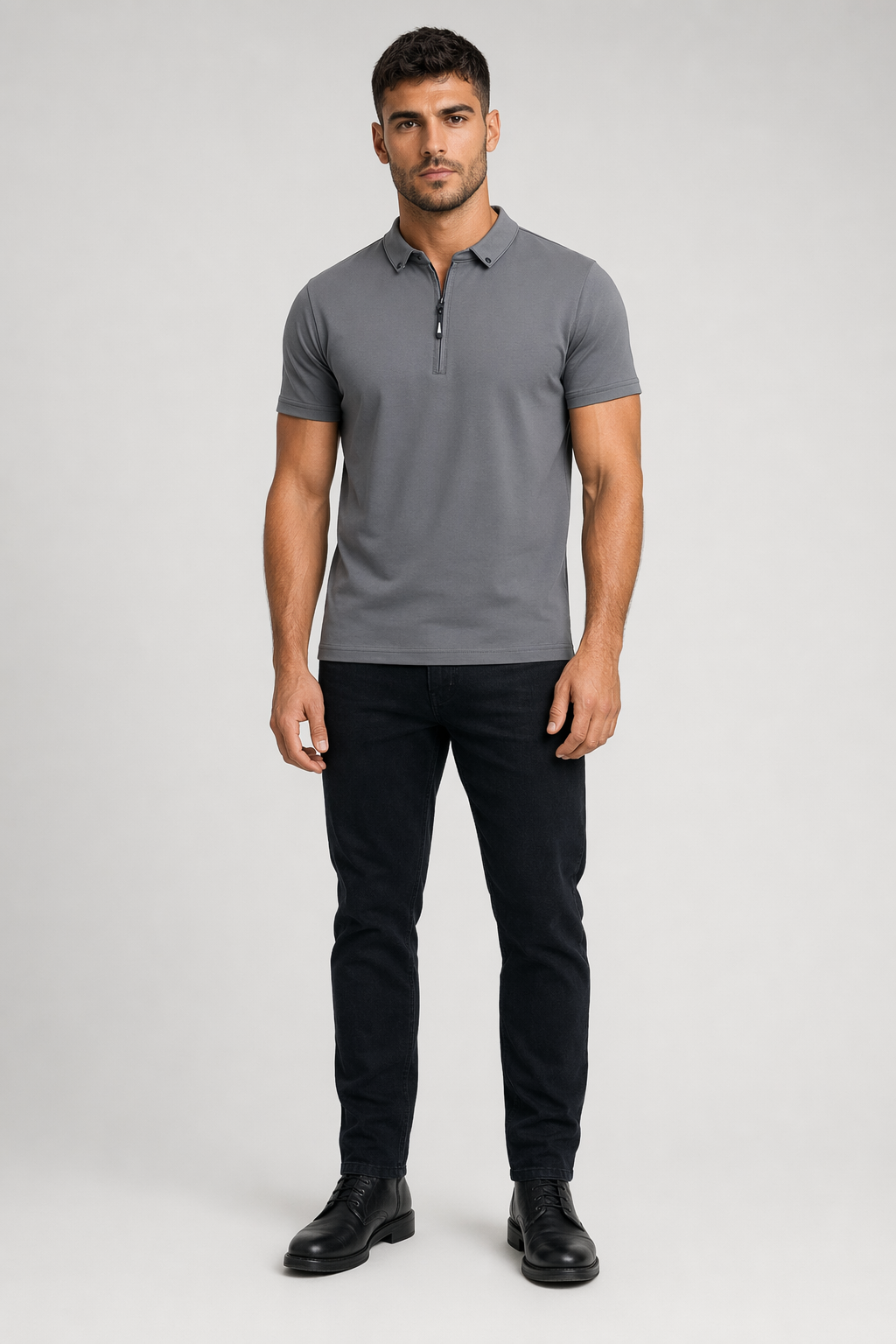 Half-Zip Polo Shirt for Men featuring Collar Embellishments Dark Gray