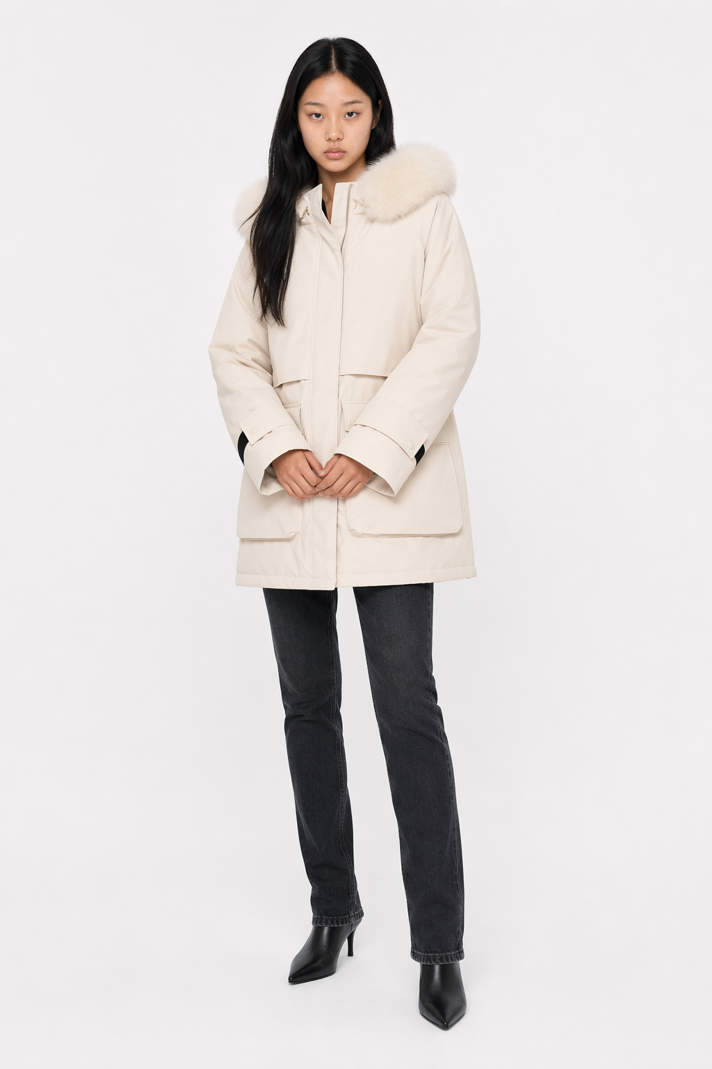 Mid-Length Women's Coat with Zipper and Faux Fur Hood Off White