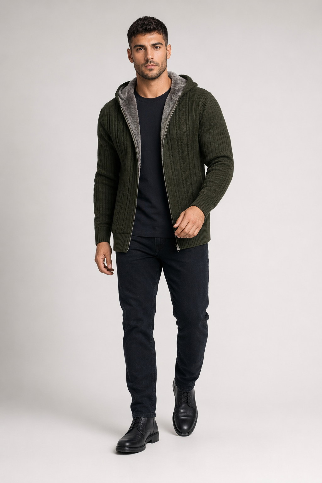 Layered Inner Mens Hooded Cardigan Green