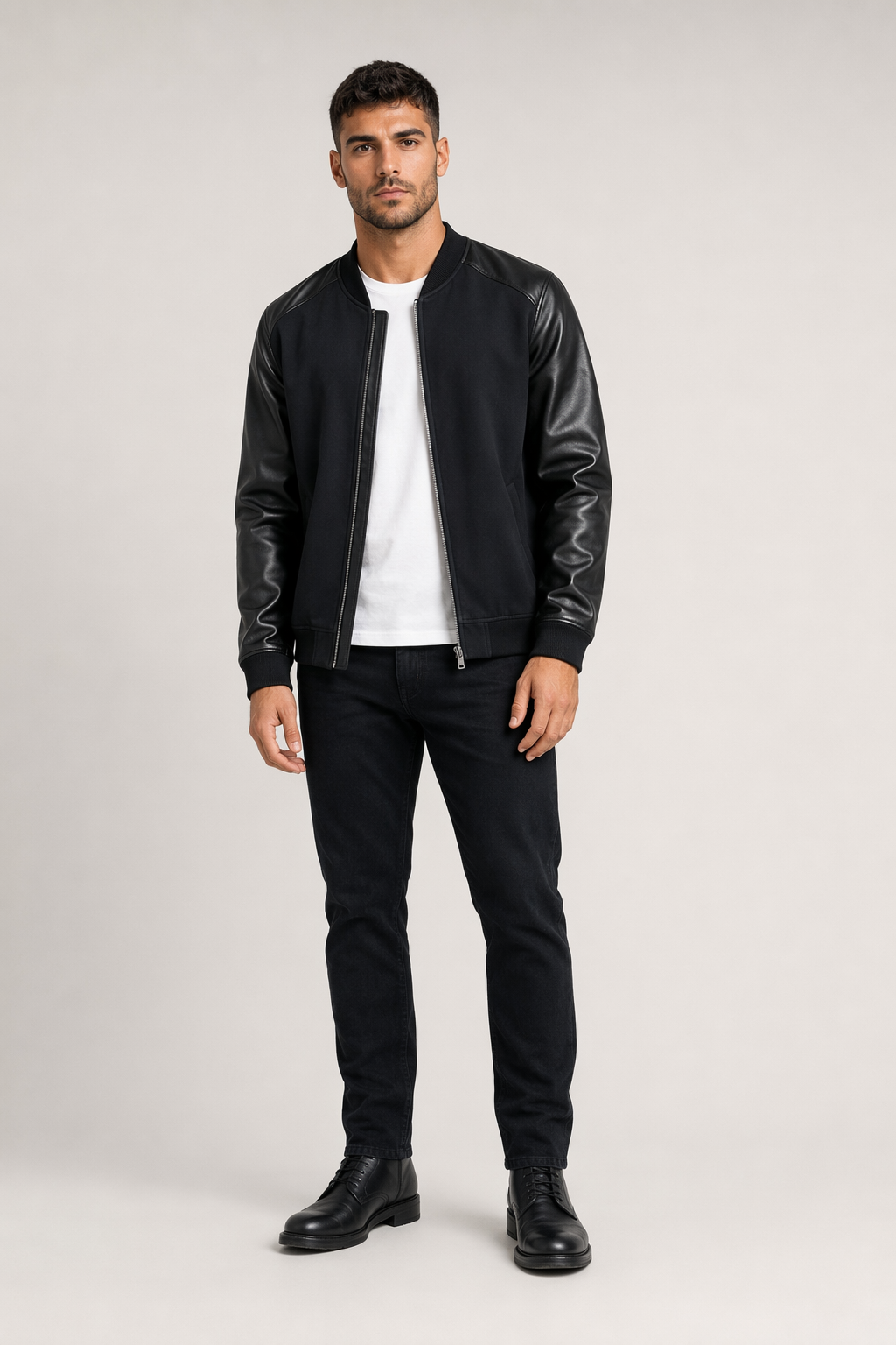 Vegan Leather Sleeves Men's Bomber Jacket Black