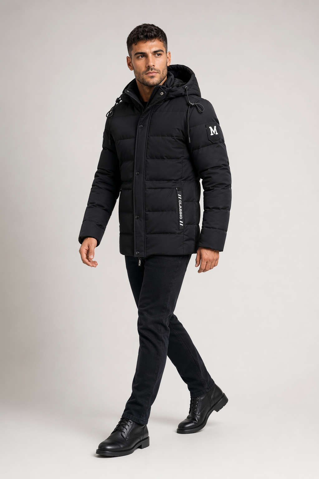 High Collar Men's Puffer Jacket with Detachable Hood Black