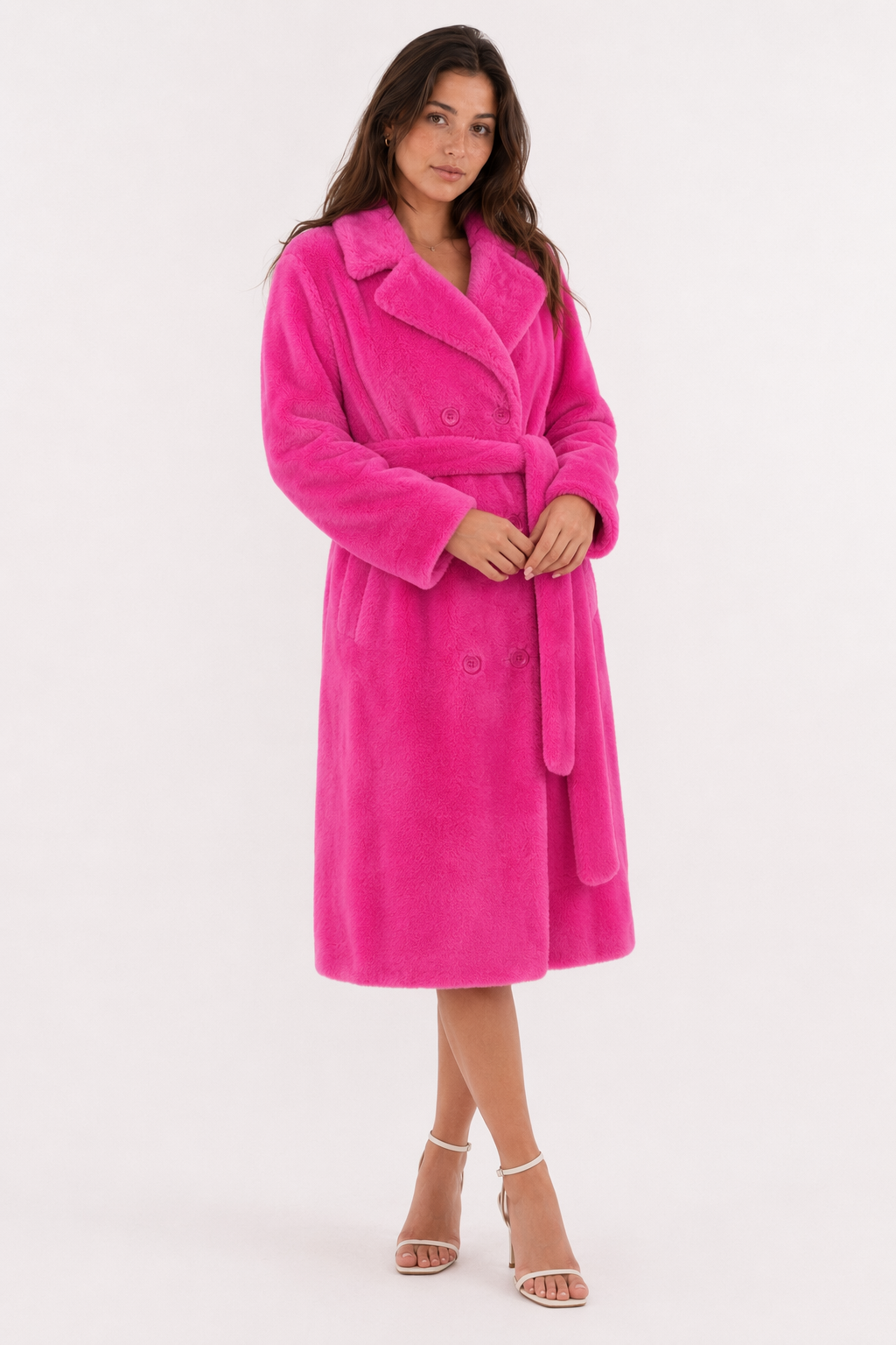 Faux Fur Belted Trench Coat for Women Pink