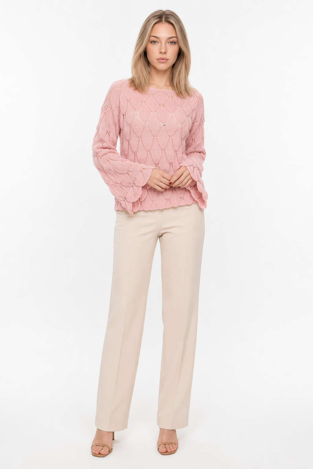 Open Knit Bell Sleeve Blouse for Women Pink